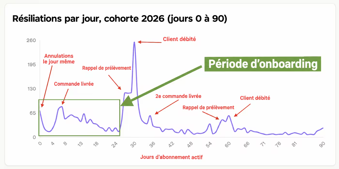Résiliations quotidiennes d'une cohorte : un creux pendant la livraison, puis les gros pics autour du rappel de prélèvement et du premier renouvellement.